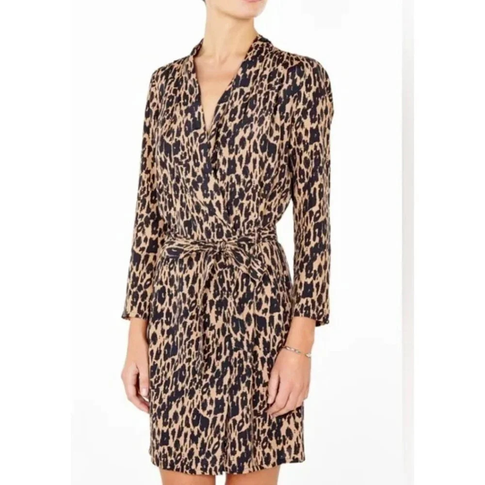 Ganni Animal Print Long Sleeve Wrap mini dress S/M